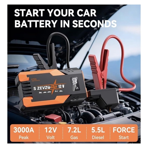 S ZEVZO ET05 3000A 12V Jump Starter Power Bank USB 7L Gas 5.5L Diesel Booster - Picture 2 of 16